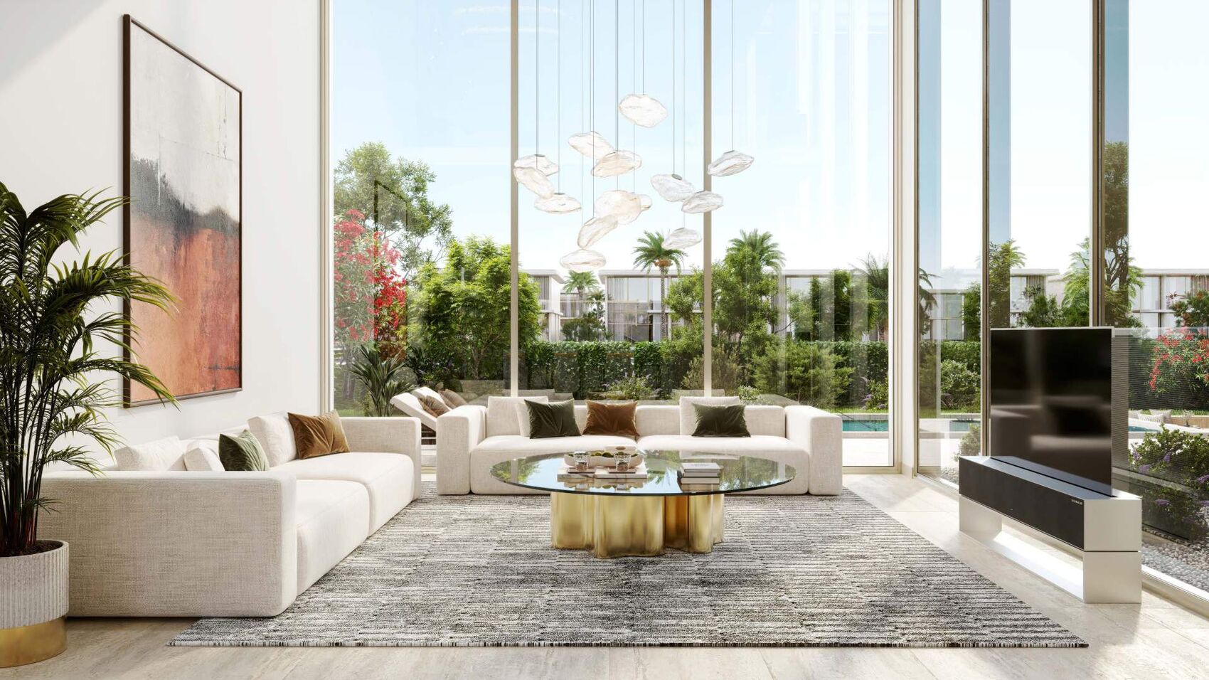 Bright double-height living room interior opening to a garden